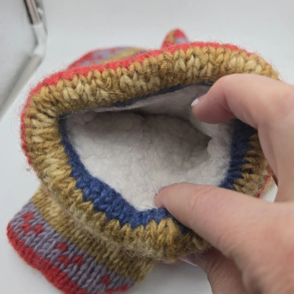 Hand Knit Wool Mittens‎ Fluffy Sherpa Lining Heavyweight Stripes Colorful Warm